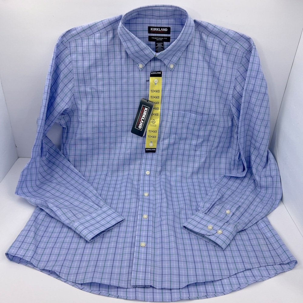 KIRKLAND SIGNATURE TRADITIONAL FIT NON-IRON BLUE CHECKERED SHIRT, SIZE15.5X34/35